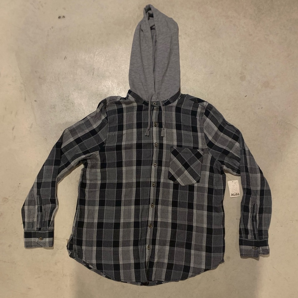 Mudd Gray Plaid Flannel Button Down Hoodie XL